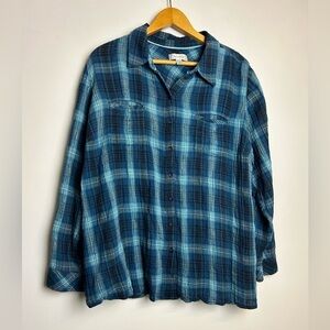 Dressbarn Blouse Top Women 2X Striped Flannel Metallic Holliday Button Down Blue